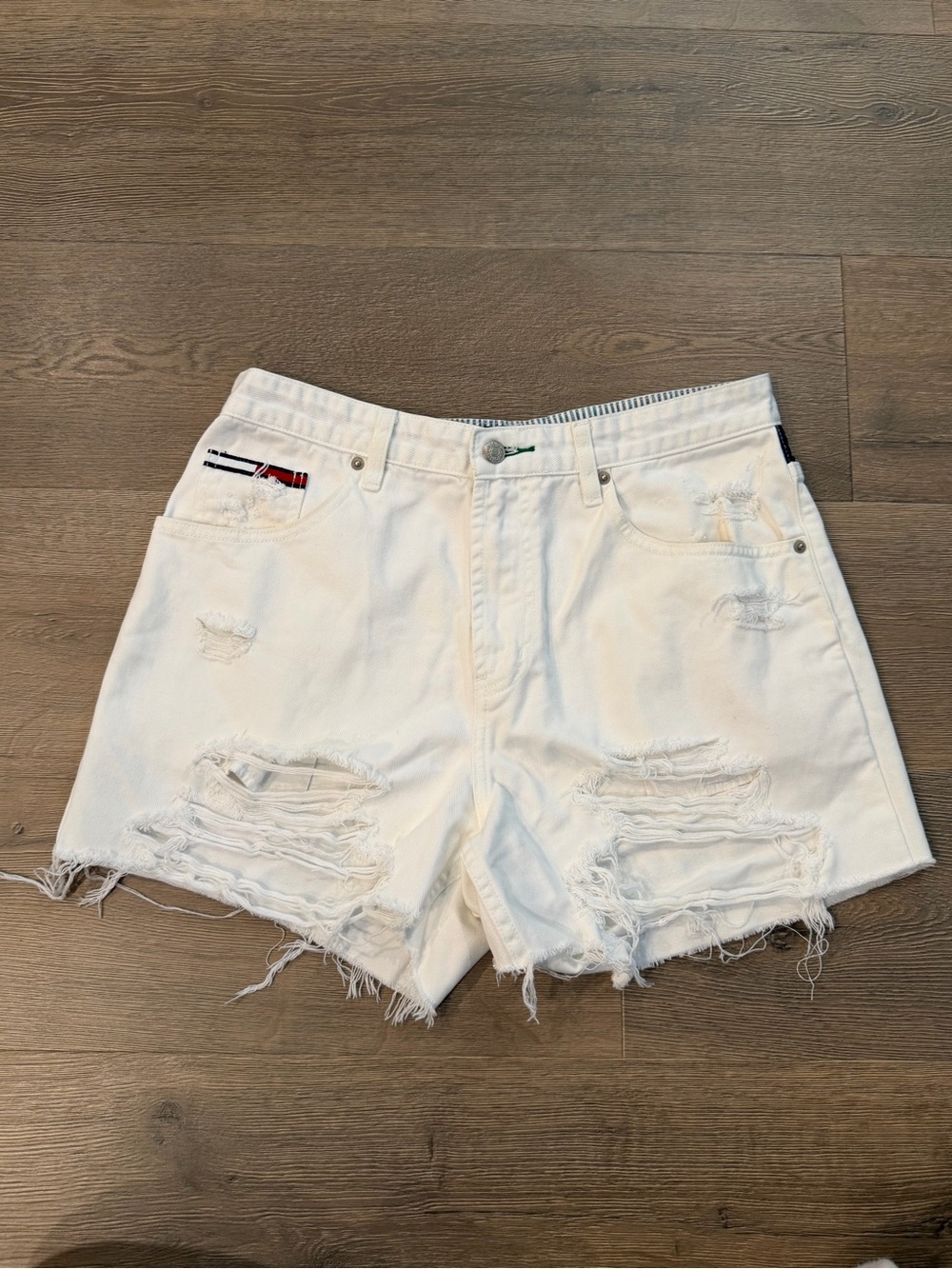 Tommy Hilfiger Vintage 90s Flag Patch White Distressed Shorts Red White Blue - Picture 5 of 13